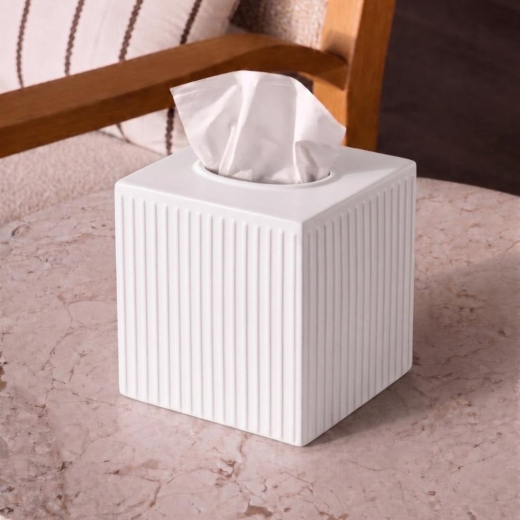 Monarch Abode Tissue Box Cover Square – Handcrafted Ridge Embossed White Metal Tissue Holder Box for Bathroom Accessory, Aesthetic Decorative Facial Napkin Cube for Modern Home Decor
