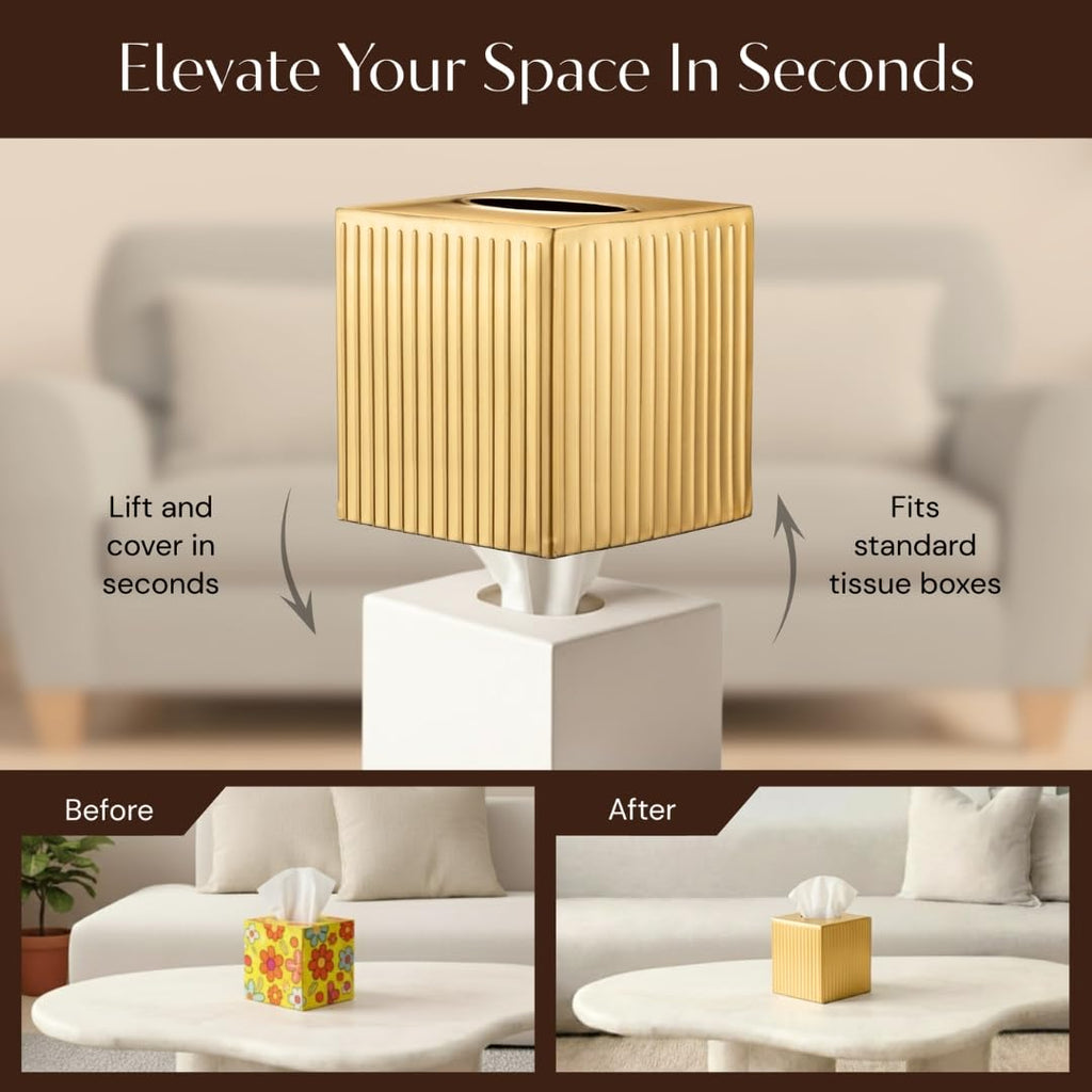 Monarch Abode Tissue Box Cover Square – Handcrafted Ridge Embossed Brushed Gold Metal Tissue Holder Box for Bathroom Accessory, Aesthetic Decorative Facial Napkin Cube for Modern Home Decor