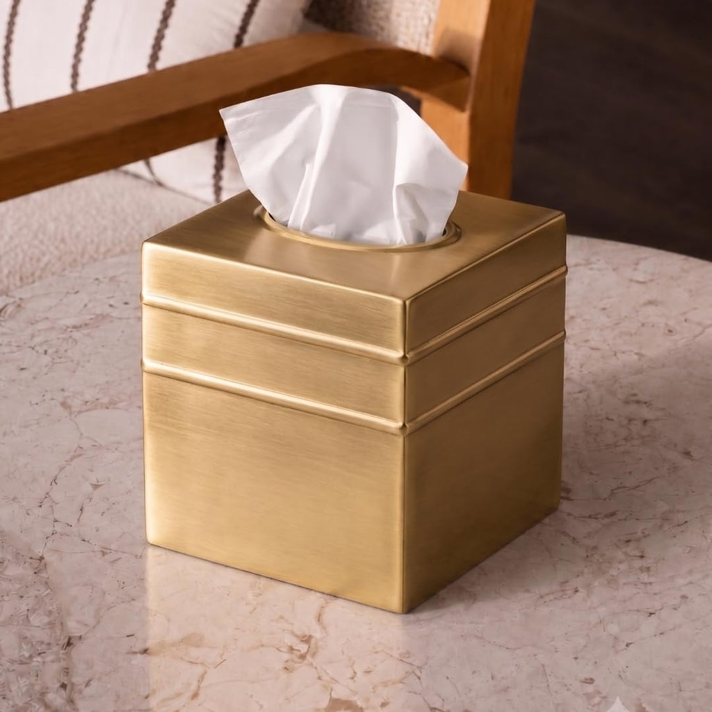 Monarch Abode Tissue Box Cover Square – Handcrafted Border Embossed Brushed Gold Metal Tissue Holder Box for Bathroom Accessory, Aesthetic Decorative Facial Napkin Cube for Modern Home Decor