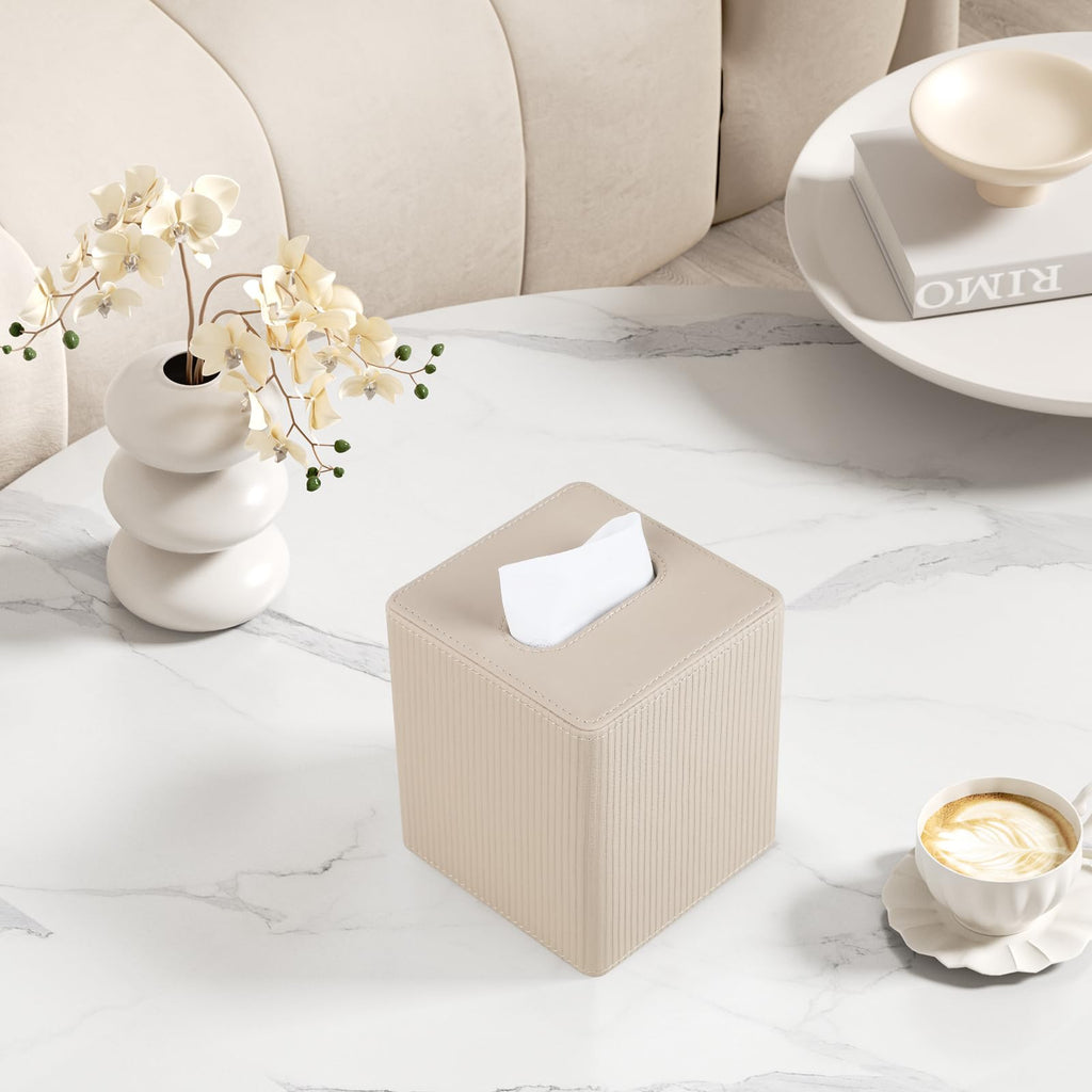Cretkhp PU Leather Square Tissue Box Cover Tissue Box Holder Cube (Beige)
