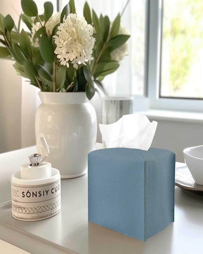 Tissues Cube Boxes Cover Leather – with Bottom Belt [JESMINI, Dark Pastel Blue] Stylish Leather Tissue Cube Box Holder Decorative for Bathroom Vanity Countertop/Night Stands/Office Desk