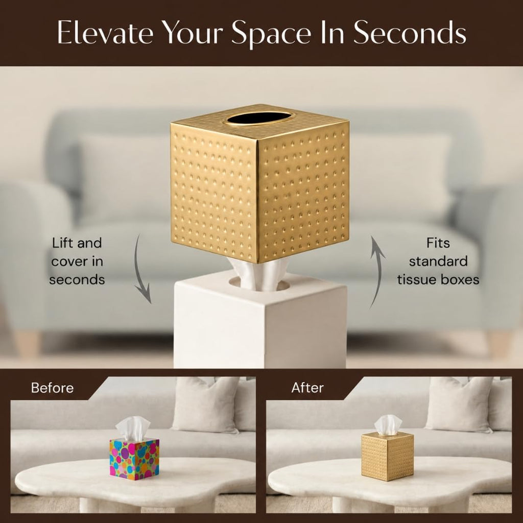 Monarch Abode Tissue Box Cover Square – Hand Hammered Brushed Gold Metal Tissue Holder Box for Bathroom Accessory, Aesthetic Decorative Facial Napkin Cube for Modern Home Decor