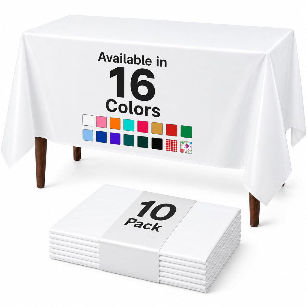 Auros 10-Pack White Plastic Tablecloths 54x108, Fits 6-8FT Rectangle Tables