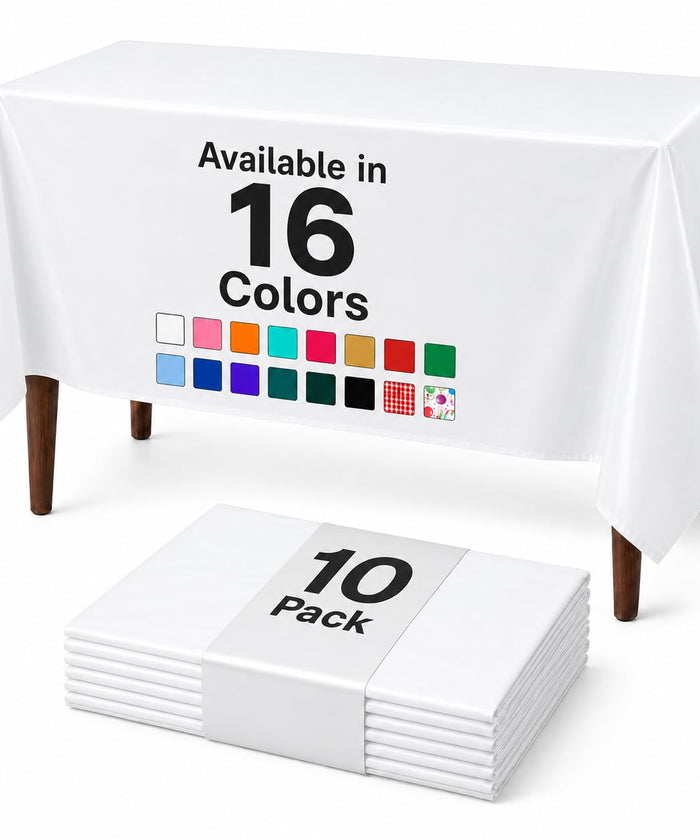 Auros 10-Pack White Plastic Tablecloths 54x108, Fits 6-8FT Rectangle Tables