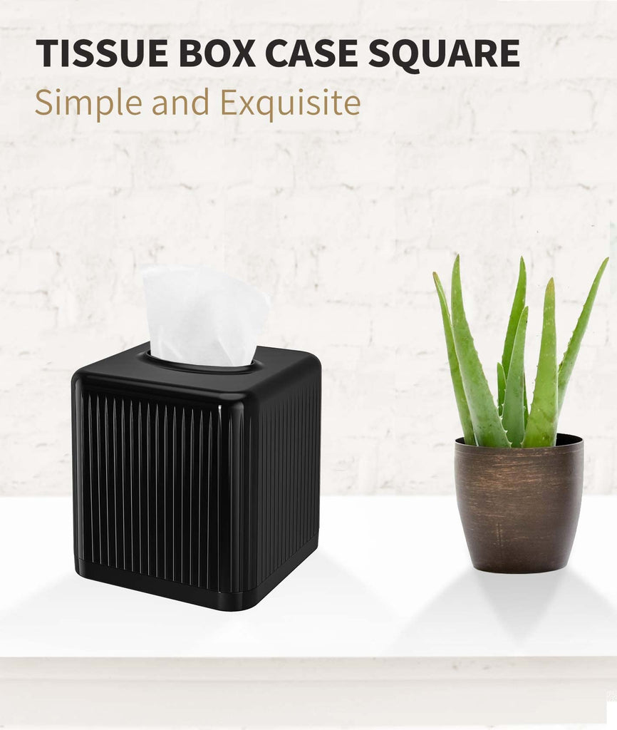 Livelab Square Plastic Tissue Box Holder with Base - Modern Cube Decorative Tissue Cover for Bathroom, Countertop, Living Room, Bedroom, Office - Black