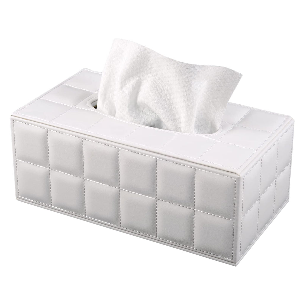 High-end Fashion Pu Leather Tissue Box Holder Cover Rectangular,Napkin Facial Tissues Cube Dispenser,Tissue Cover Decorative Container with Magnetic Bottom for Home Office Car (White)