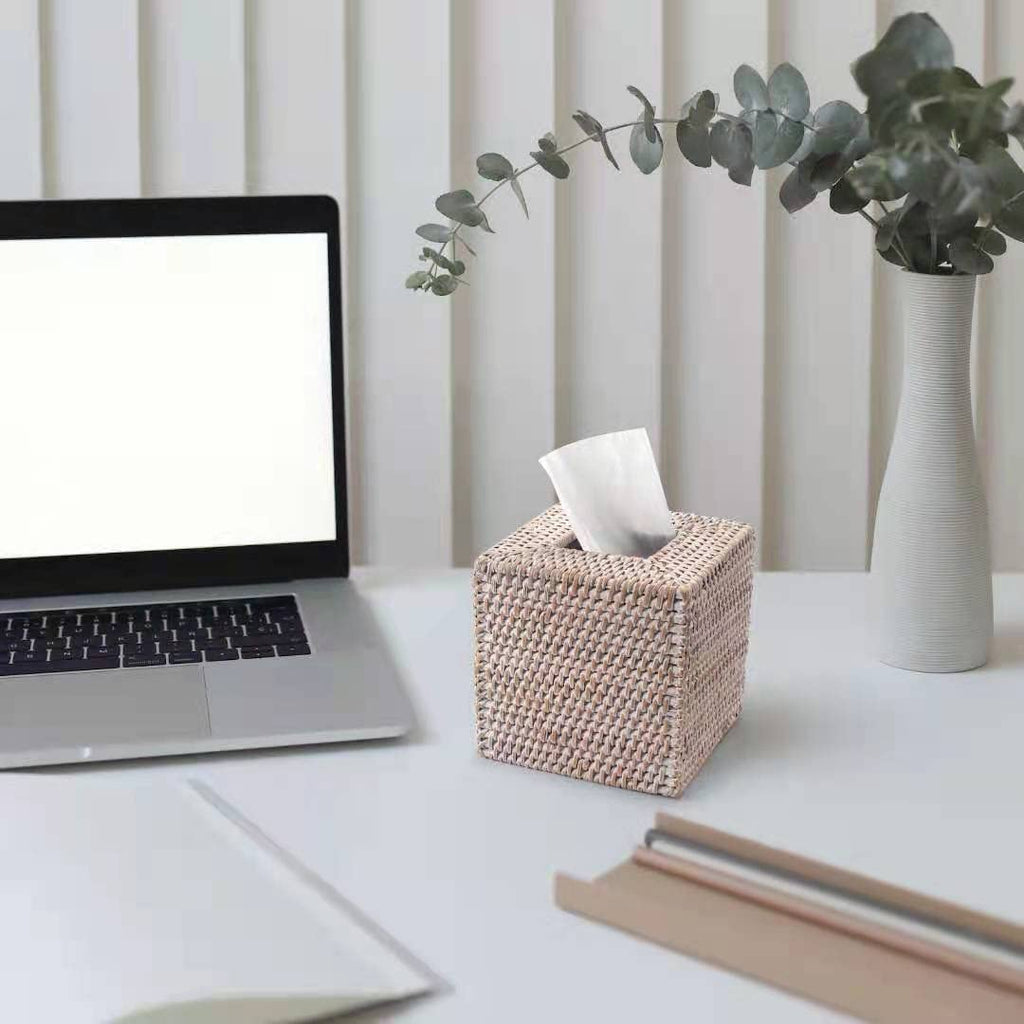 Rattan Tissue Box Cover Natural Woven Facial Napkin Holder Square (White, 5.5x5.5x5.9 Inch)