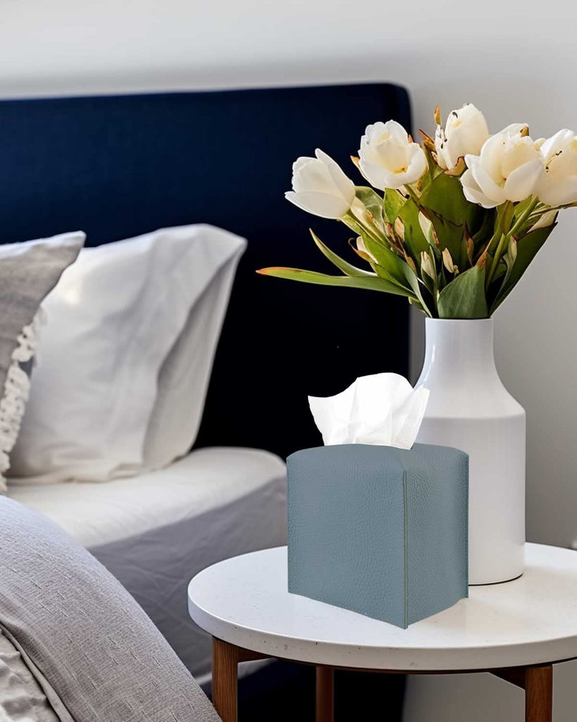 Tissues Cube Boxes Cover Leather – with Bottom Belt [JESMINI, Dark Pastel Blue] Stylish Leather Tissue Cube Box Holder Decorative for Bathroom Vanity Countertop/Night Stands/Office Desk