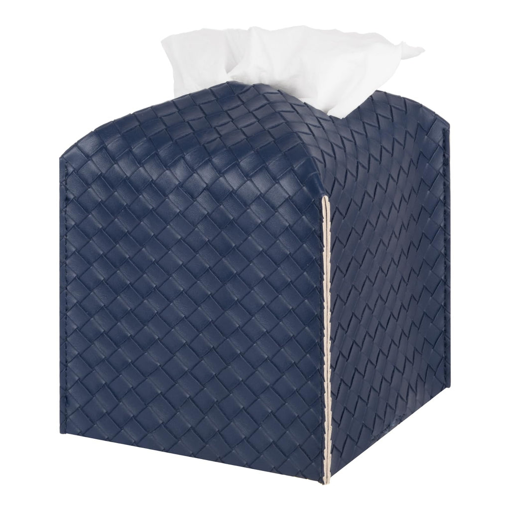 Tissue Box Cover Square Leather Facial Paper Holder, Navy Blue