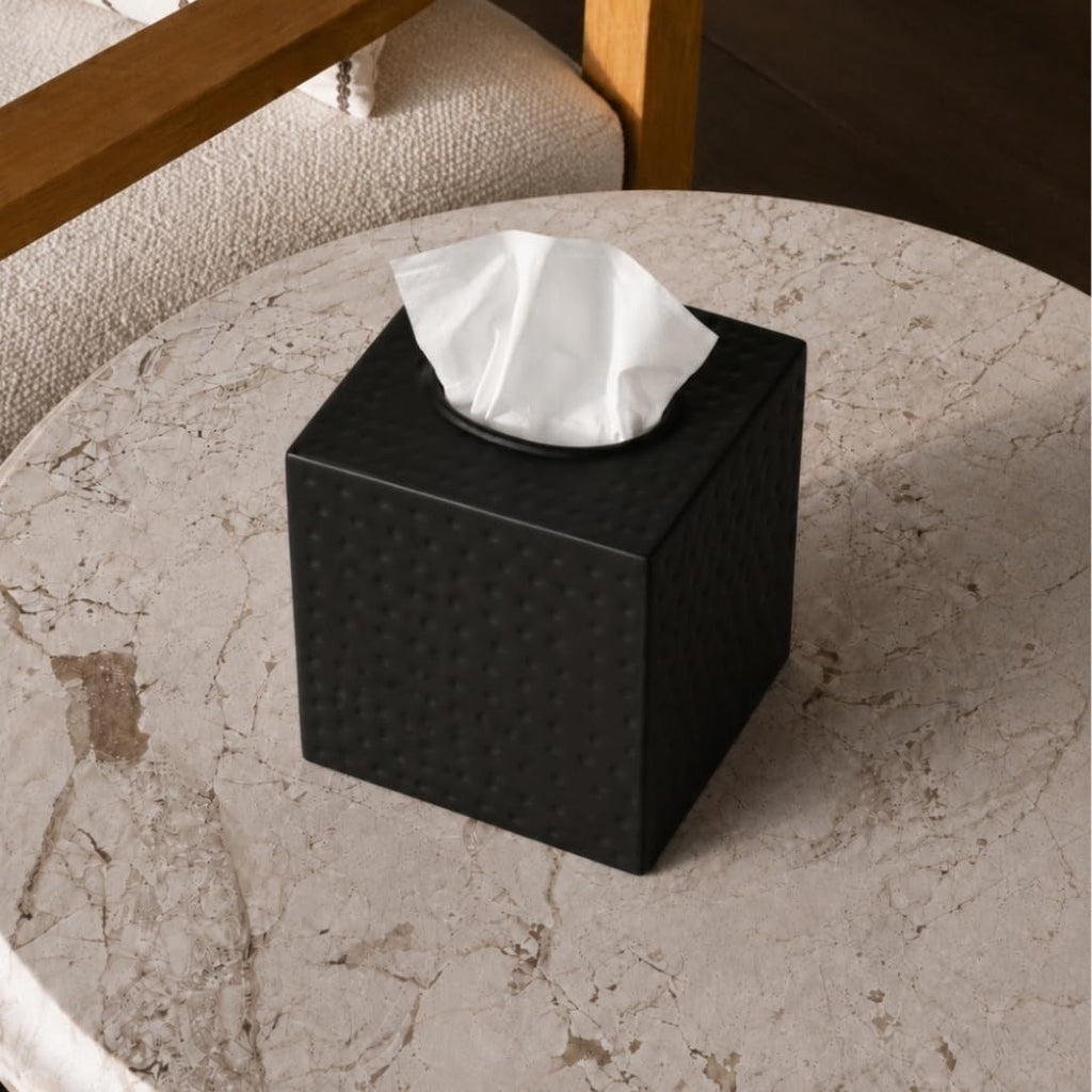 Monarch Abode Tissue Box Cover Square – Hand Hammered Black Metal Tissue Holder Box for Bathroom Accessory, Aesthetic Decorative Facial Napkin Cube for Modern Home Decor