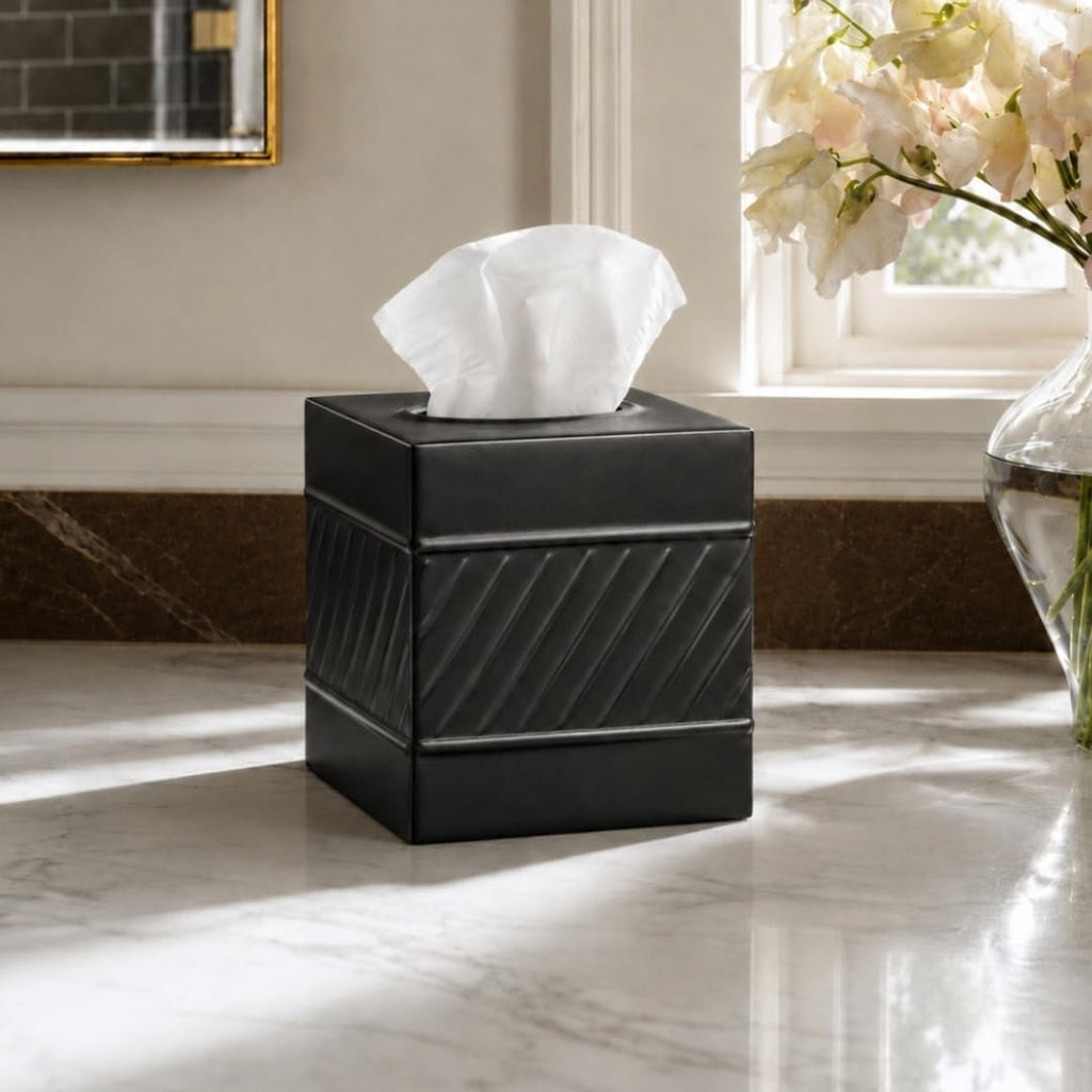 Monarch Abode Tissue Box Cover Square – Handcrafted Wave Embossed Black Metal Tissue Holder Box for Bathroom Accessory, Aesthetic Decorative Facial Napkin Cube for Modern Home Decor