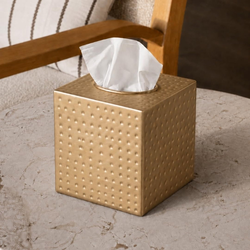 Monarch Abode Tissue Box Cover Square – Hand Hammered Brushed Gold Metal Tissue Holder Box for Bathroom Accessory, Aesthetic Decorative Facial Napkin Cube for Modern Home Decor