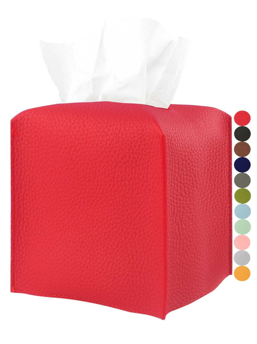Red Tissue Box Cover Square – with Bottom Belt [JESMINI, Red] Modern PU Leather Tissue Cube Box Holder Decorative for Bathroom Vanity Countertop/Night Stands/Office Desk, 5x5x5