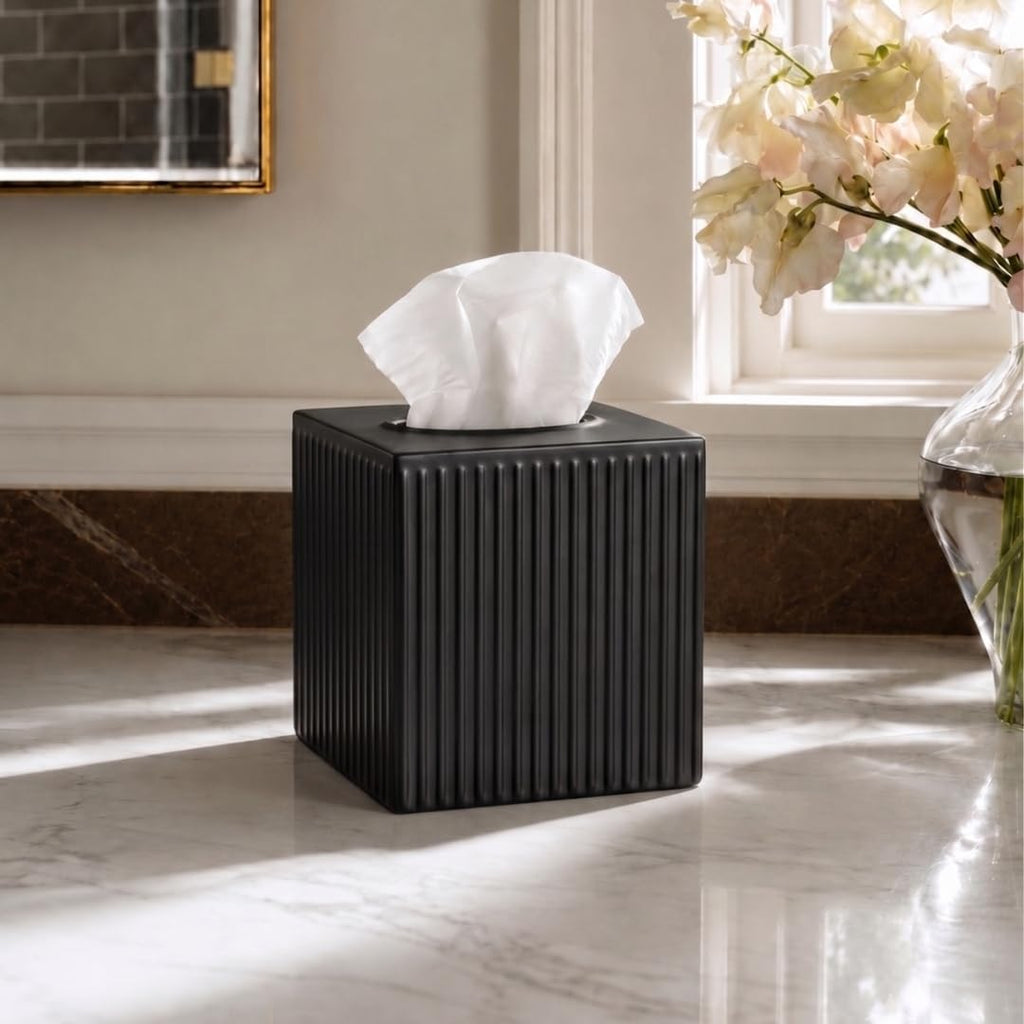 Monarch Abode Tissue Box Cover Square – Handcrafted Ridge Embossed Black Metal Tissue Holder Box for Bathroom Accessory, Aesthetic Decorative Facial Napkin Cube for Modern Home Decor