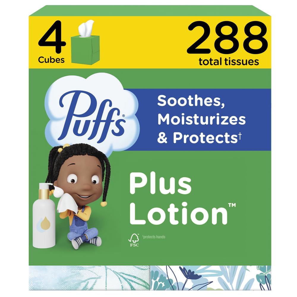 Puffs Facial Tissues Plus Lotion, 4 Mega Cube Boxes, 72 Facial Tissues per Box, Allergies and Colds (Packaging May Vary)