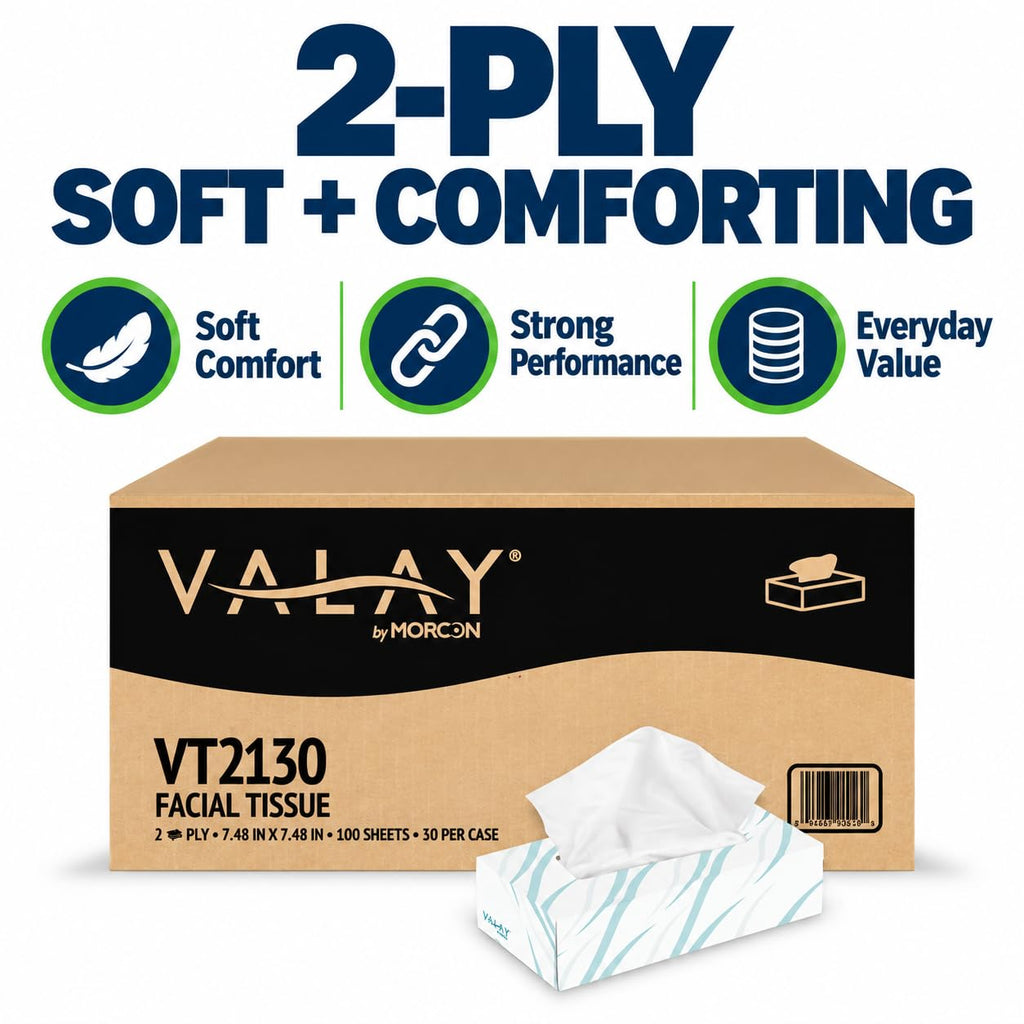 Morcon Valay Facial Tissue Paper, White, 2-Ply, 30 Pack