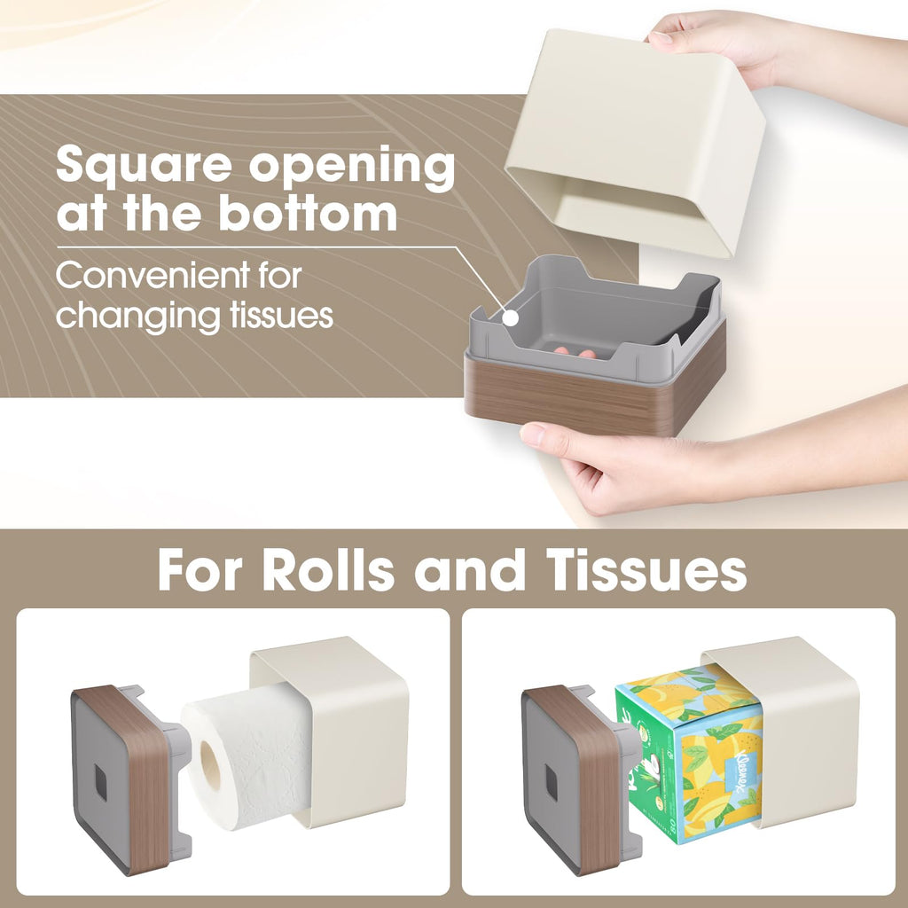 Y-in Hand Square Tissue Box Cover, Facial Cube Tissue Box Holder with Decorative Wood Grain Bottom for Bathroom Vanity, Countertop, Dresser, Nightstand, and Office - Beige