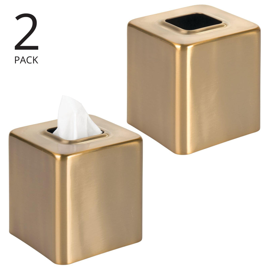 mDesign Metal Square Tissue Box Cover, Modern Facial Paper Holder - Accessories for Bathroom Vanity, Bedroom Dresser, Night Stand, Desk, Office, End Table - Unity Collection - 2 Pack - Soft Brass