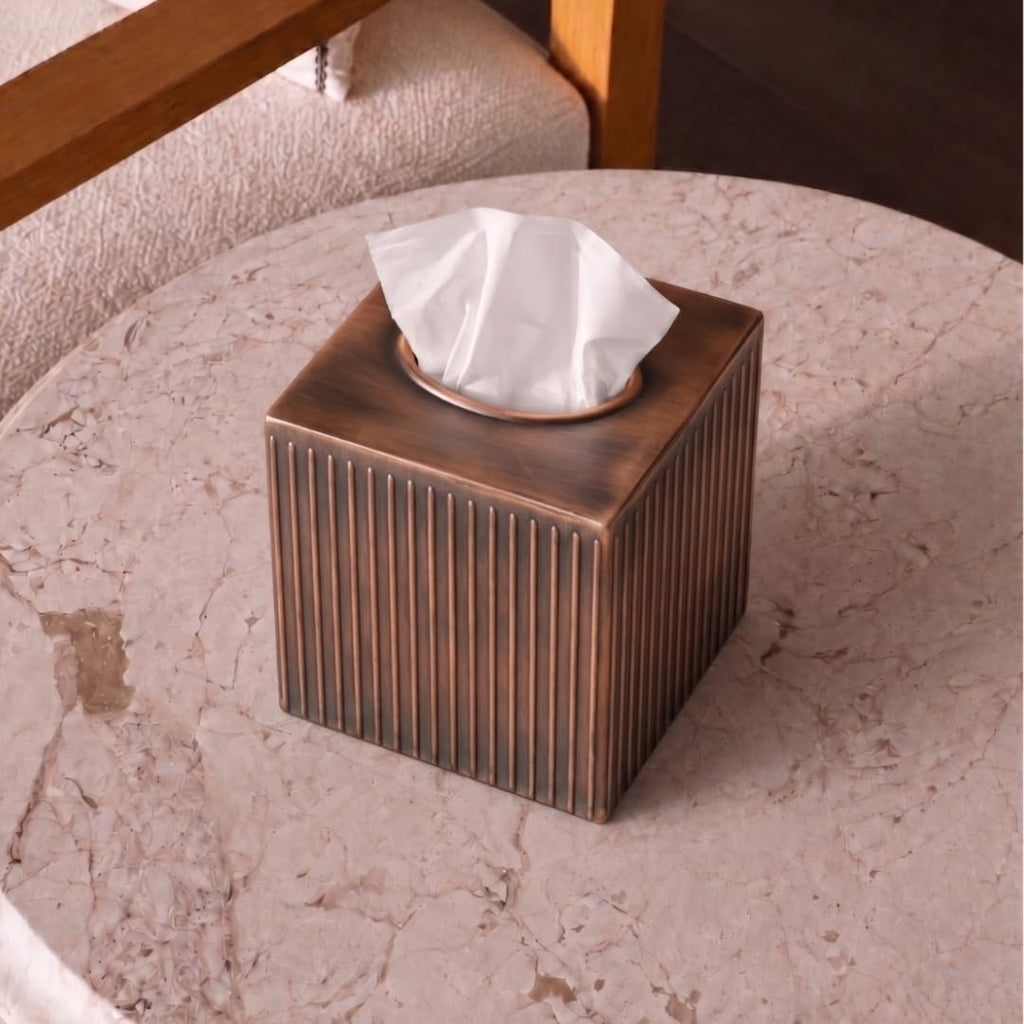 Monarch Abode Tissue Box Cover Square – Handcrafted Ridge Embossed Antique Copper Metal Tissue Holder Box for Bathroom Accessory, Aesthetic Decorative Facial Napkin Cube for Modern Home Decor