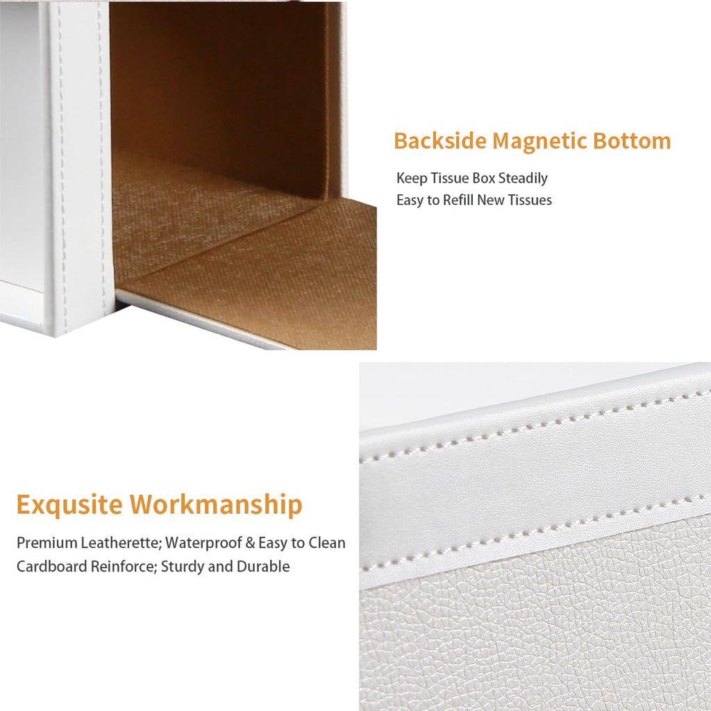 Tissue Box Cover Square, PU Leather Tissue Cube Box Holder with Storage Valet Tray, Decorative Tissue Holders, Modern Tissues Case Napkin Dispenser Facial Paper Organizer for Bathroom Vanity