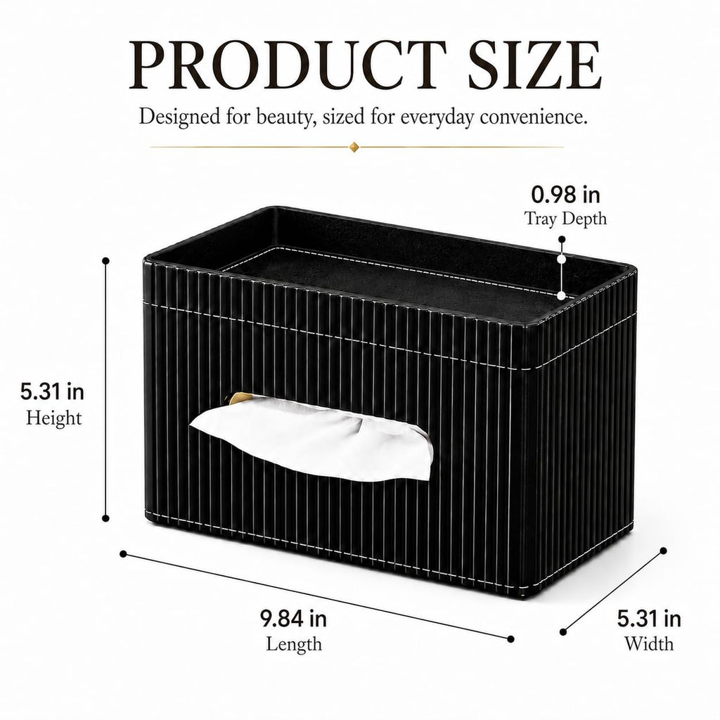KINGFOM Ribbed PU Leather Tissue Box Cover with Storage Tray, Rectangular Facial Tissue Holder for Bathroom Vanity, Nightstand & Office Desk, Modern Decorative Tissue Dispenser (Matte Black)