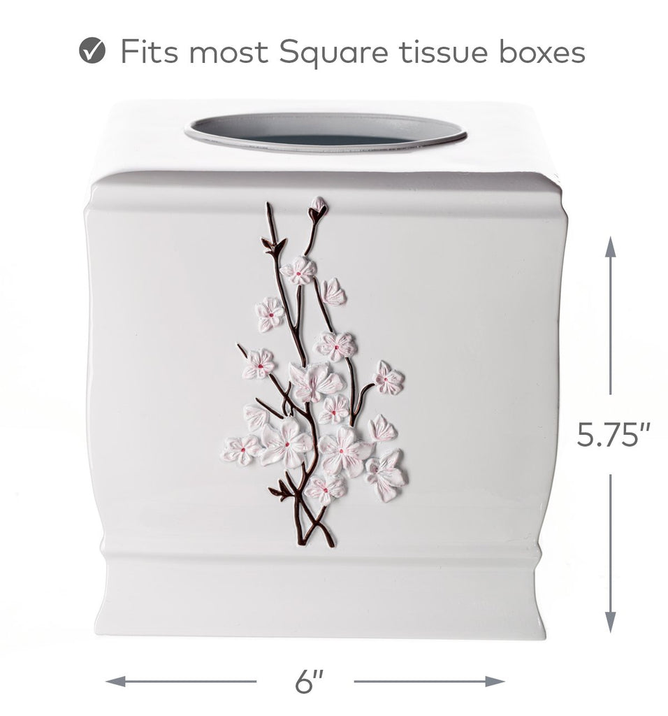 Vanda Cherry Blossom White Square Resin Tissue Box Cover with Bottom Slider
