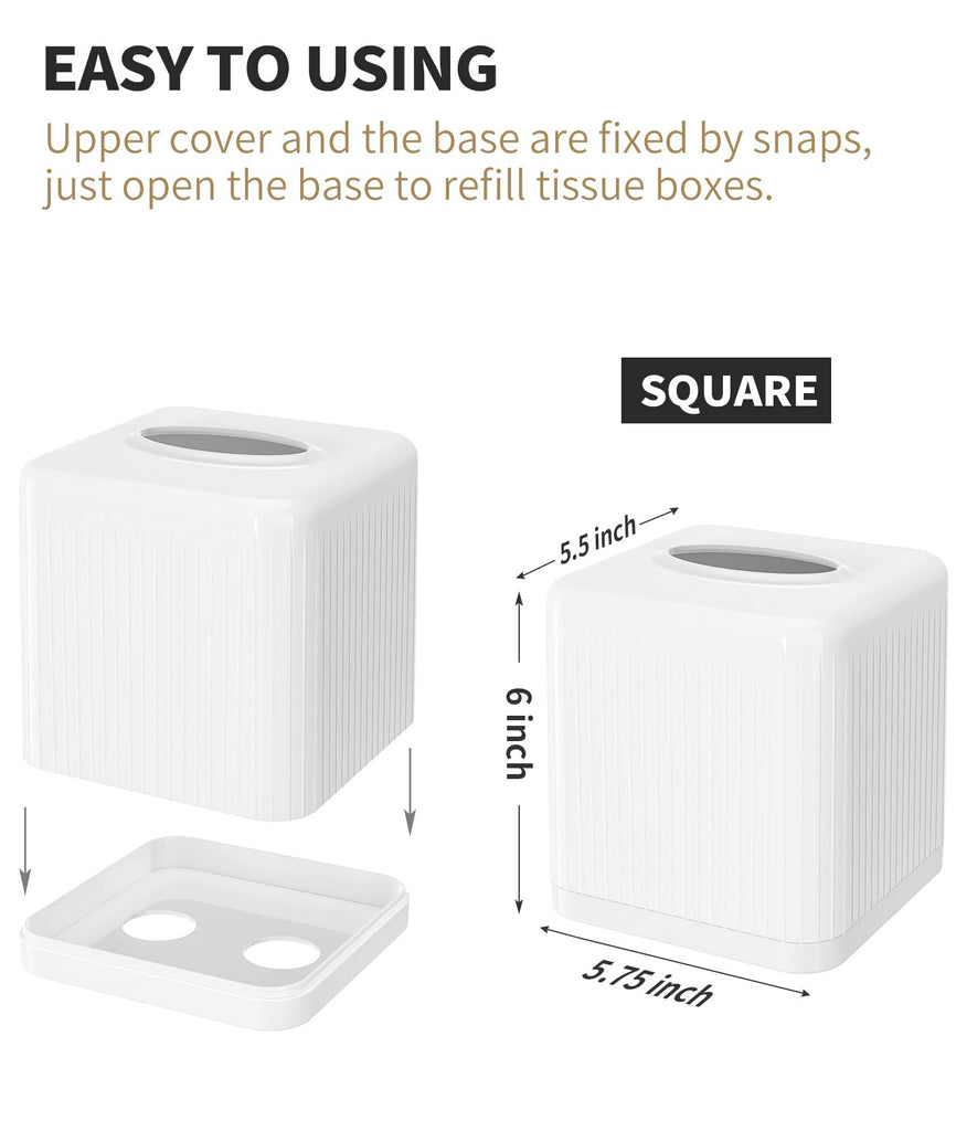 Livelab Tissue Box Cover with Base, Square Plastic Tissue Box Holder Decorative Tissue Cover Modern Cube Facial Tissue Dispenser for Bathroom Vanity Countertop, Living Room, Bedroom, Office - White