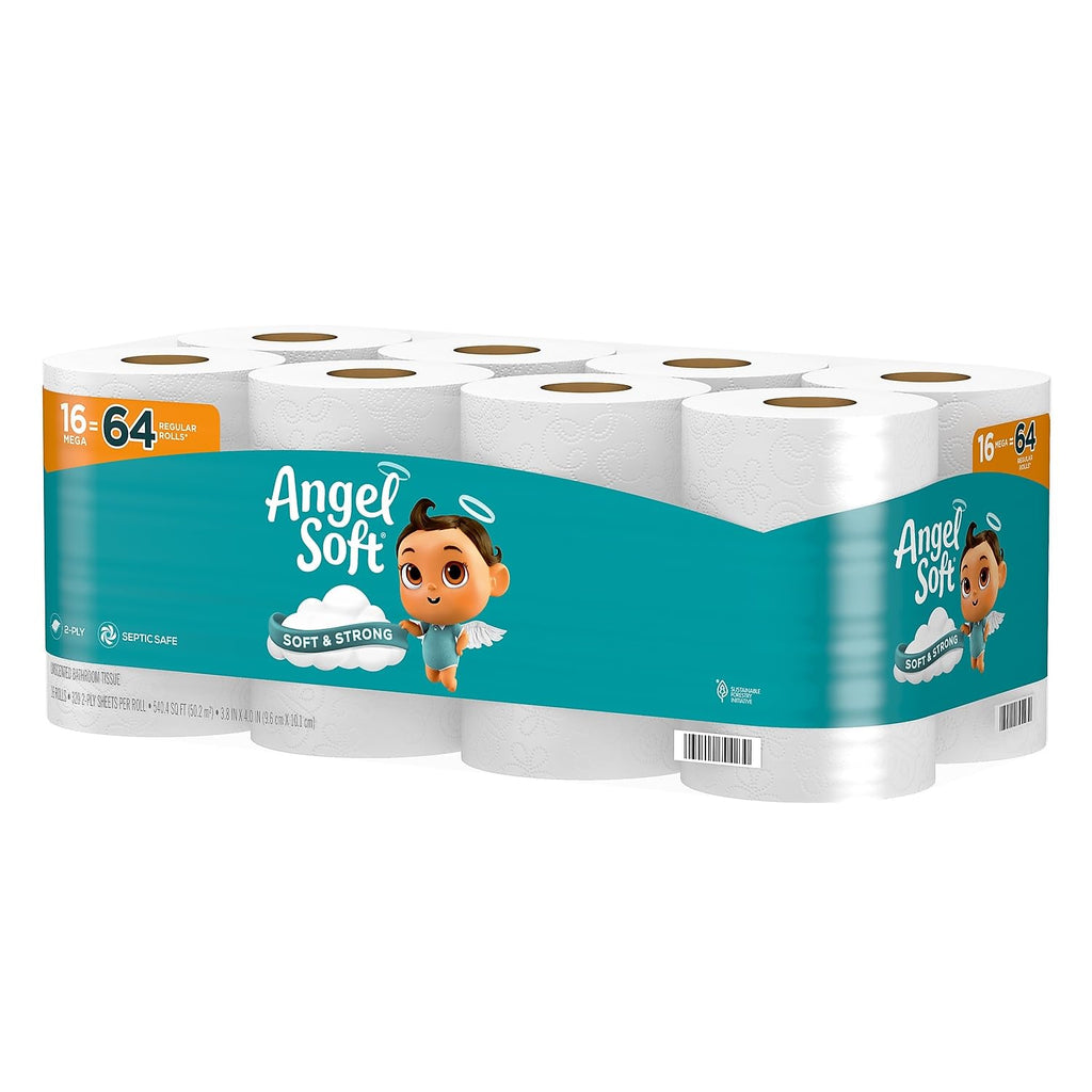 Angel Soft Toilet Paper, 16 Mega Rolls = 64 Regular Rolls, Soft and Strong Toilet Tissue