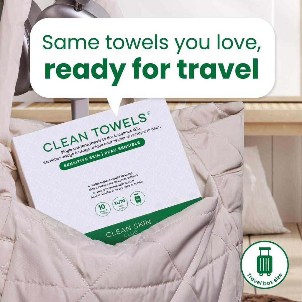 Clean Skin Club Clean Towels XL® Original 50 Ct + Sensitive Skin 10ct Travel Pack Duo, 100% USDA Biobased Disposable Face Towels, Makeup Remover Dry Wipes, Ultra Soft, with Aloe & Glycerin