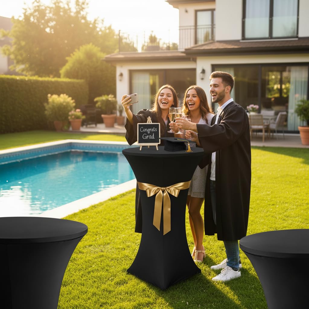 Spandex Black Cocktail Table Covers for 30-32 Inch High Top Pub 2 Pack