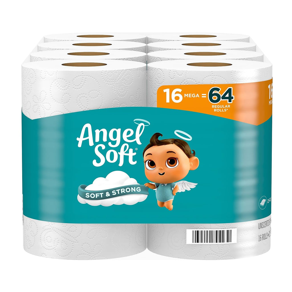 Angel Soft Toilet Paper, 16 Mega Rolls = 64 Regular Rolls, Soft and Strong Toilet Tissue