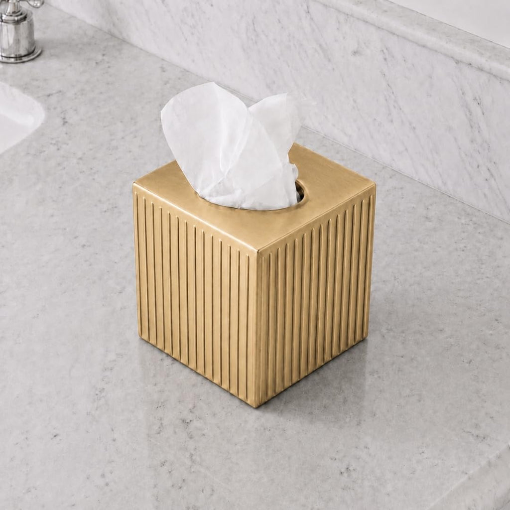 Monarch Abode Tissue Box Cover Square – Handcrafted Ridge Embossed Brushed Gold Metal Tissue Holder Box for Bathroom Accessory, Aesthetic Decorative Facial Napkin Cube for Modern Home Decor