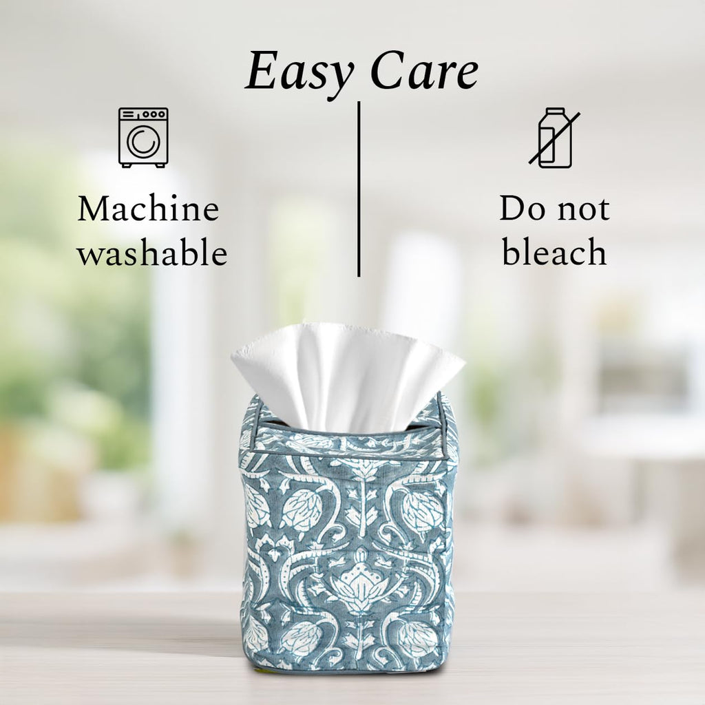 CPC 100% Cotton Piping Block Print Tissue Box Cover, Azure Regal