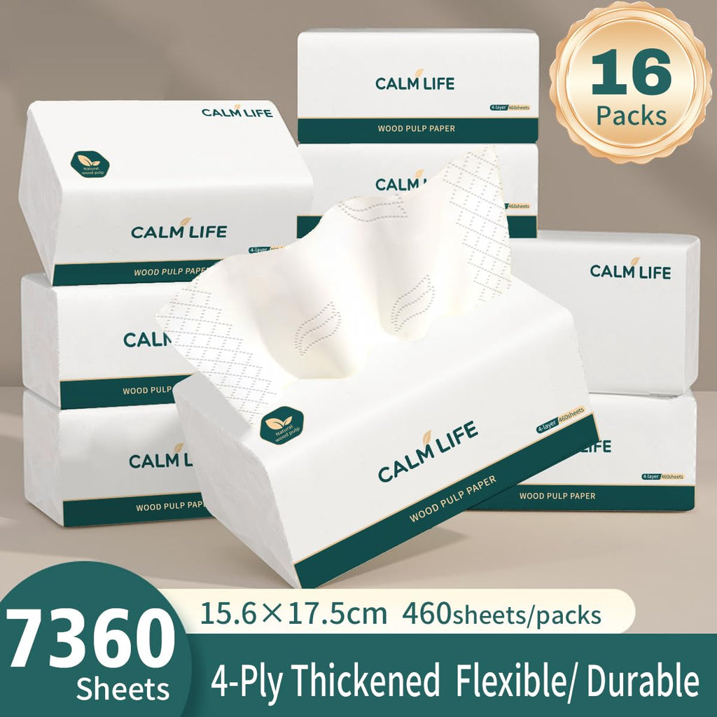 Soft Facial Tissues 7360 Sheets [Not in Box] 4-Ply Ultra Strong & Thick Tissues, 1840 Draws Unscented Paper Tissues for Sensitive Skin, Compact Size for Travel, Office and Car 16 Pack Box Free Design