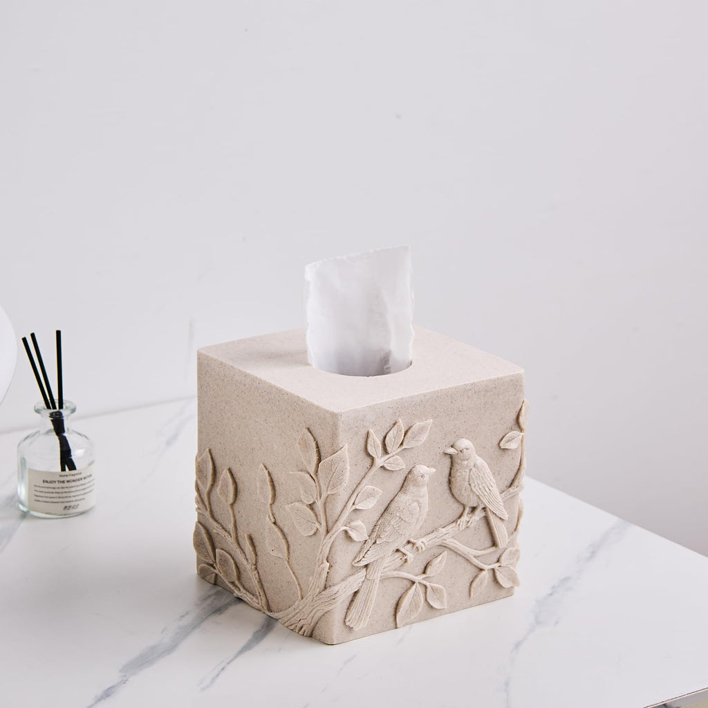Beige Sand Stone Look Relief Birds Branch Square Tissue Box Cover for Decor