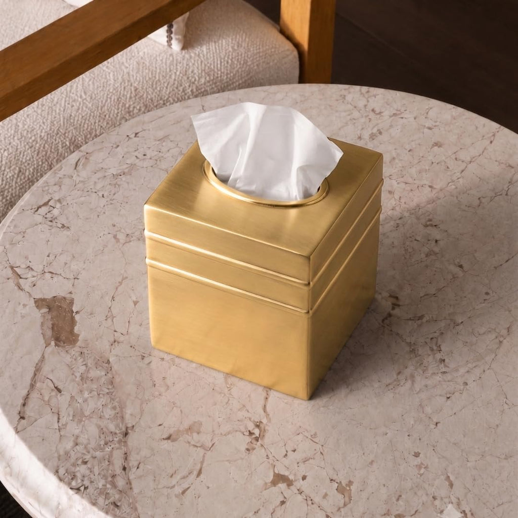 Monarch Abode Tissue Box Cover Square – Handcrafted Border Embossed Brushed Gold Metal Tissue Holder Box for Bathroom Accessory, Aesthetic Decorative Facial Napkin Cube for Modern Home Decor