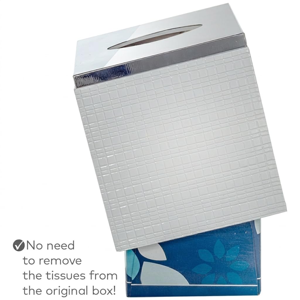Estella White Square Resin Tissue Box Cover with Silver Top