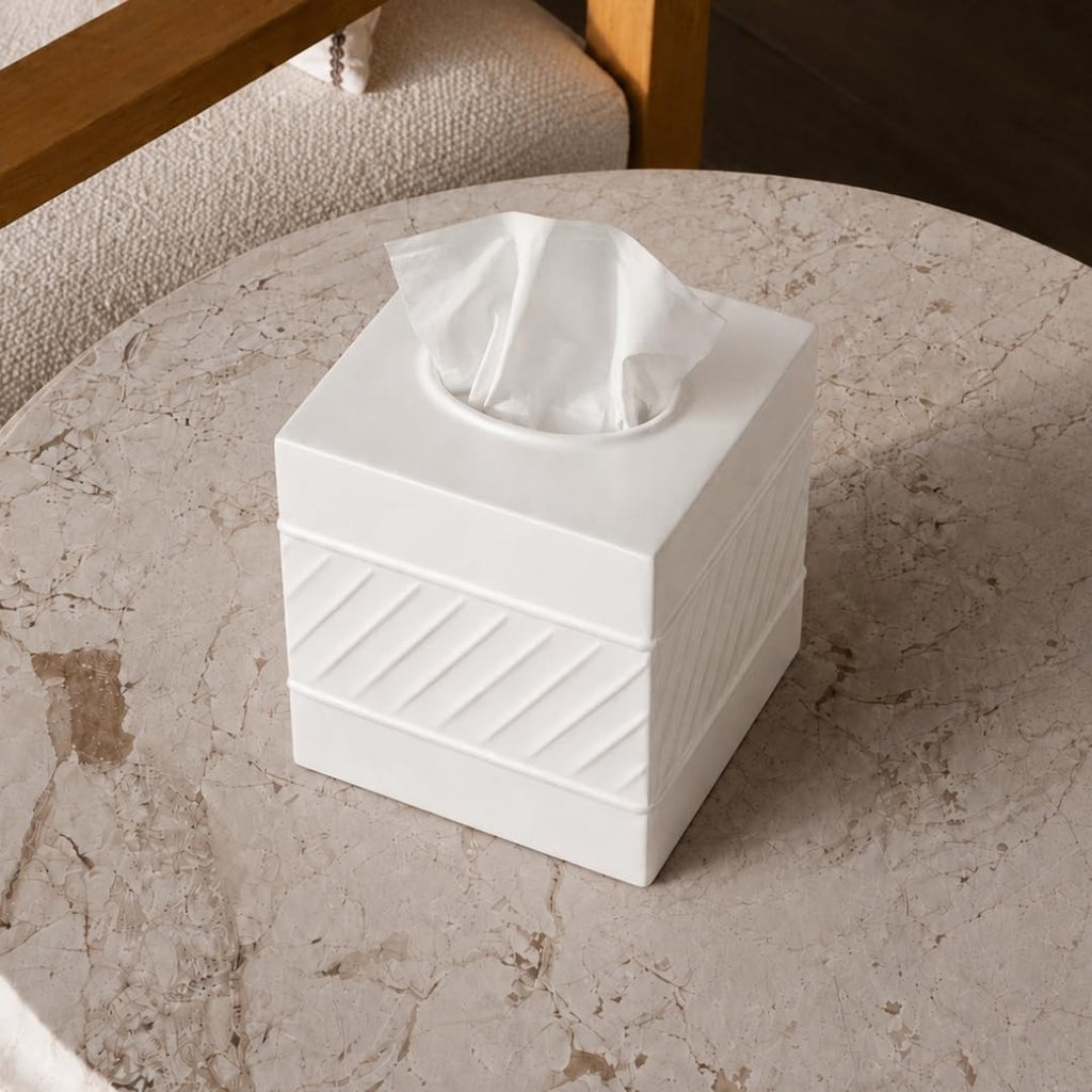 Monarch Abode Tissue Box Cover Square – Handcrafted Wave Embossed White Metal Tissue Holder Box for Bathroom Accessory, Aesthetic Decorative Facial Napkin Cube for Modern Home Decor