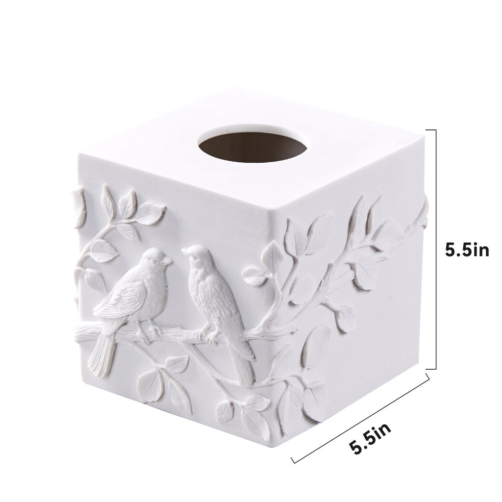 White Square Tissue Box Cover with Marble Relief Birds Branch Decorative