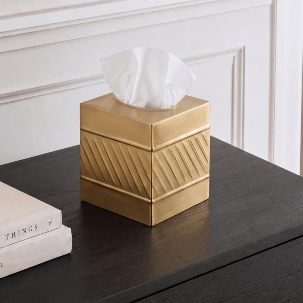 Monarch Abode Tissue Box Cover Square – Handcrafted Wave Embossed Brushed Gold Metal Tissue Holder Box for Bathroom Accessory, Aesthetic Decorative Facial Napkin Cube for Modern Home Decor