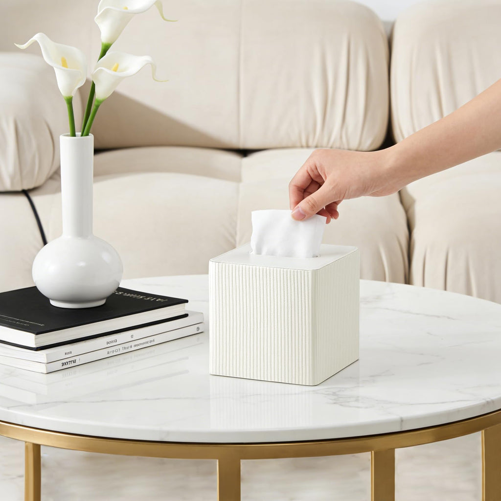 Mkono Tissue Box Cover, PU Leather Square Holder with Bottom, Beige