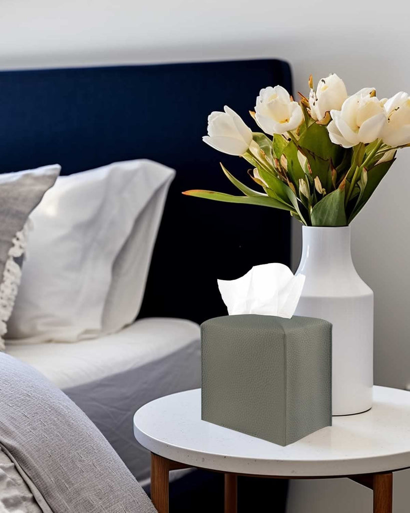 Tissue Box Cover Tissue Holder – Square Leather Tissue Cover Box with Bottom Belt [JESMINI, Dark Grey] Decorative Tissue Box Holder for Bathroom/Night Stands/Office