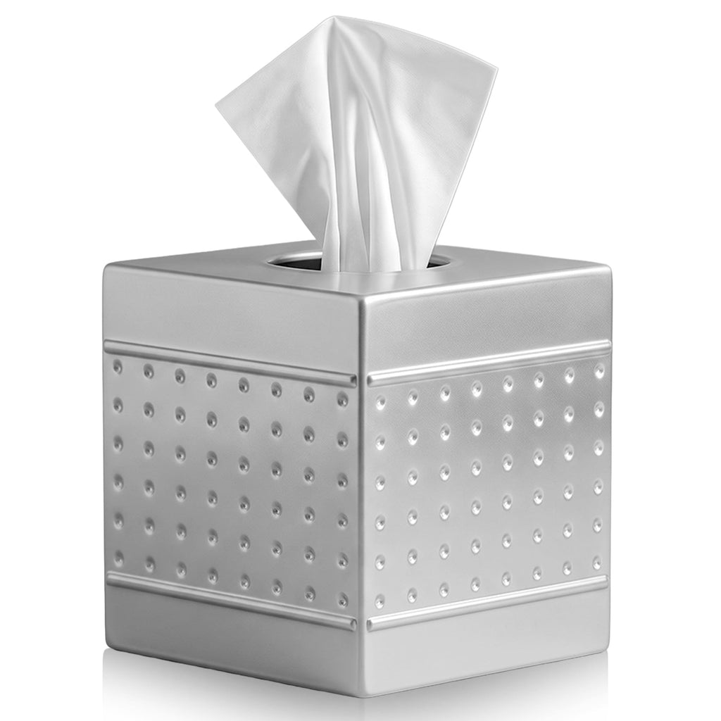 LUXMODE Handmade Metal Silver Tissue Box Cover – Square – 5x5x5.25 Inch – Open Bottom - Modern Tissue Holder for Bathroom, Living Room, Bedroom & Office Décor