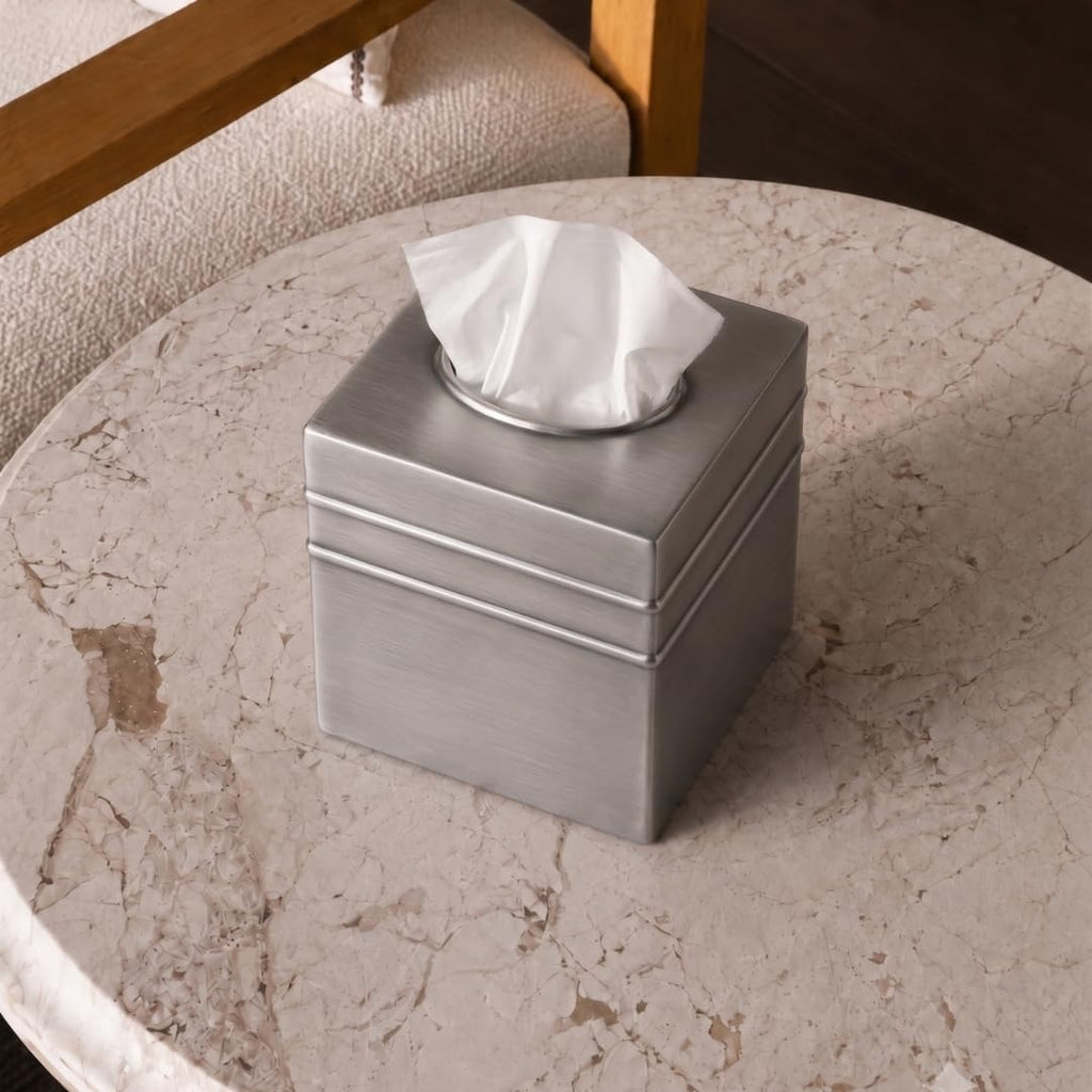 Monarch Abode Tissue Box Cover Square – Handcrafted Border Embossed Pewter Metal Tissue Holder Box for Bathroom Accessory, Aesthetic Decorative Facial Napkin Cube for Modern Home Decor