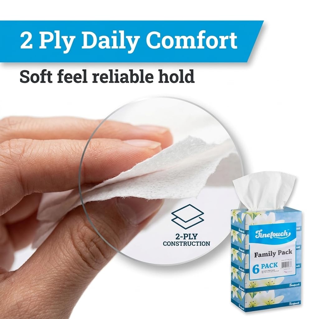 Finetouch Facial Tissues Boxes Bulk, Soft 2-Ply, 130 Sheets, 6 Pack