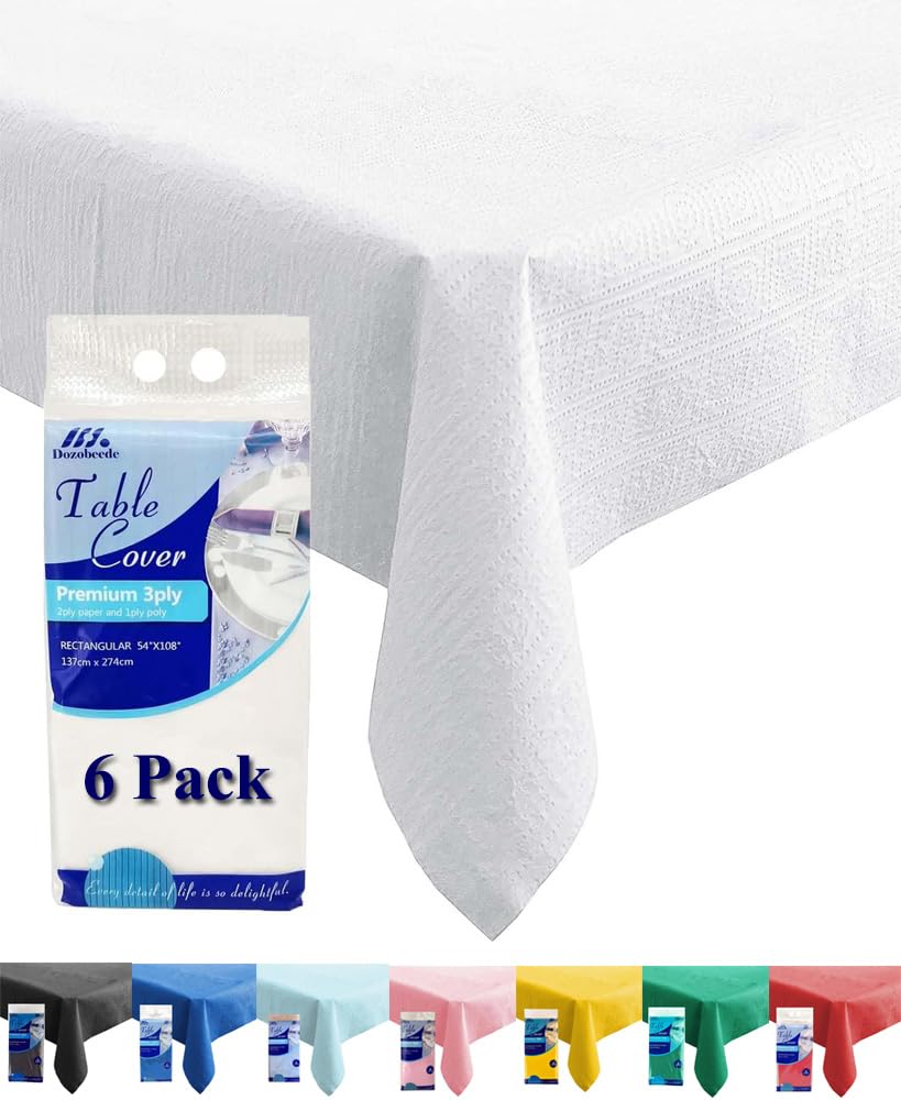 Dozobeede [6 Pack] White Paper Tablecloth Disposable for Rectangle Tables, 54 X 108 Inch Party Table Cover with Plastic Backing, Waterproof 3 Ply Table Cloth for Wedding Labor Day Outdoor Picnic BBQ
