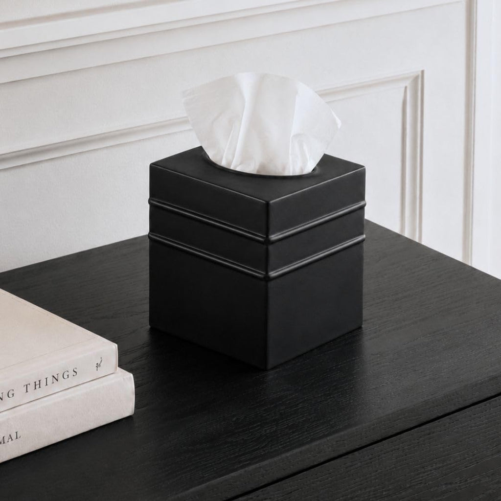 Monarch Abode Tissue Box Cover Square – Handcrafted Border Embossed Black Metal Tissue Holder Box for Bathroom Accessory, Aesthetic Decorative Facial Napkin Cube for Modern Home Decor