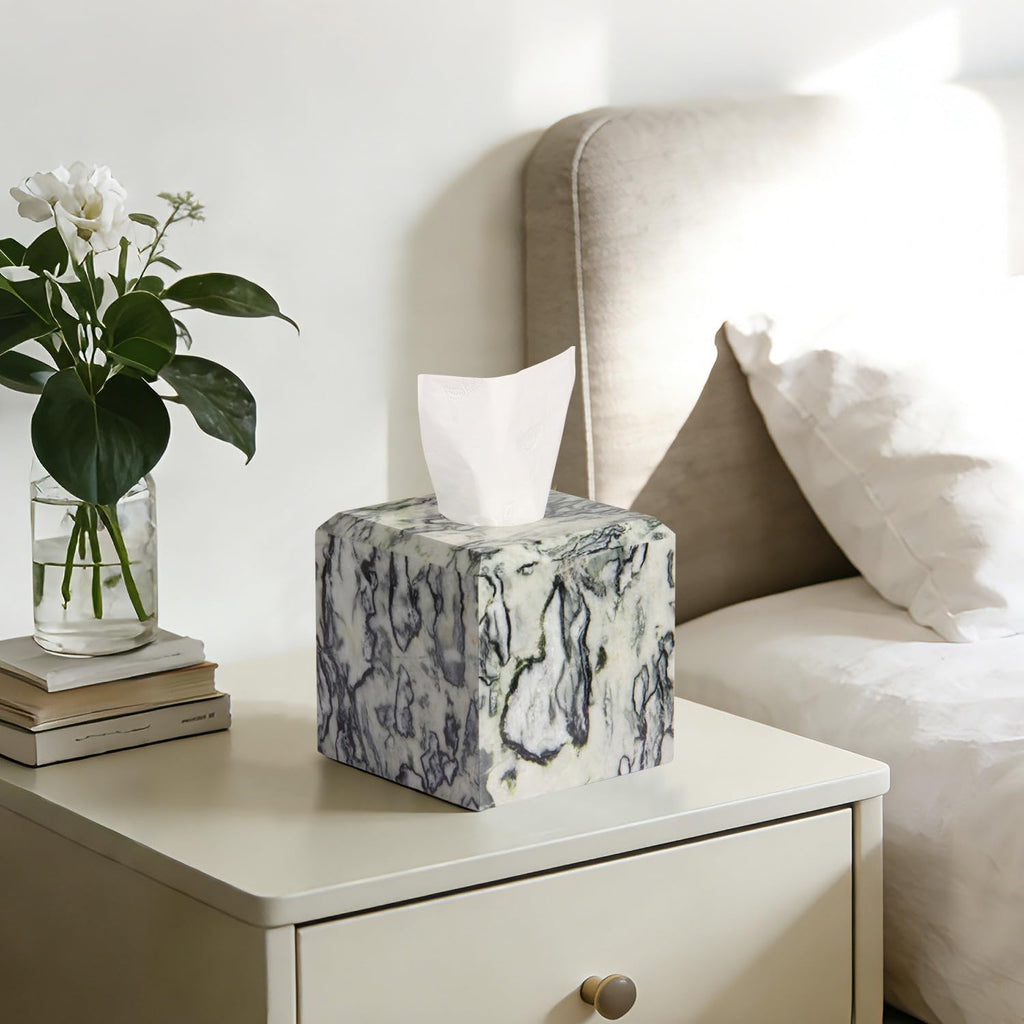 Natural Marble Square Tissue Box Cover ,Stone Modern Decorative Sturdy Napkin Box Holder Case,Facial Paper Organizer for Bathroom Vanity Toilet Countertop,Kitchen (1, Green Emerald, 5.71*5.71*5.51)