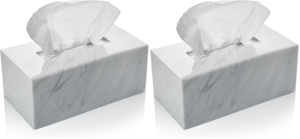 Acrylic Tissue Box Holder, Clear Dispenser for Facial Tissues, Napkins, and Dryer Sheets. Perfect for Bathrooms, Desks, Countertops, Vanities, Bedrooms, and Nightstands (Rectangle, Marble) (Pack of 2)