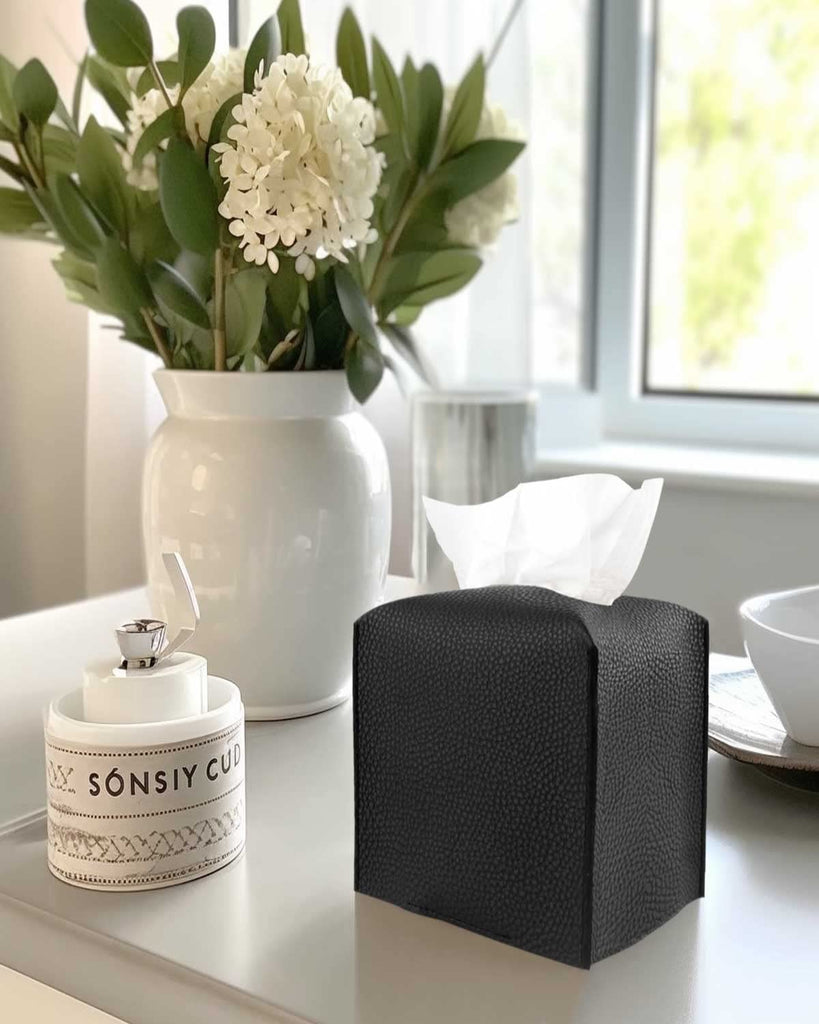 Leather Tissue Box Cover Square – Tissue Holder with Bottom Belt [JESMINI, Black] Aesthetic PU Leather Tissue Box Holder Decorative for Bathroom, Home Office Decor